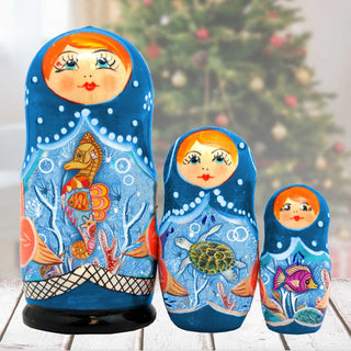 Little Fish Matreshka Nesting Hand-Painted Doll Set of 3 by G. DeBrekht - Coastal Holiday Decor - 14721