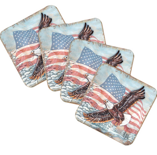 a collection of four square coasters, each featuring an eagle in flight against the backdrop of the American flag.