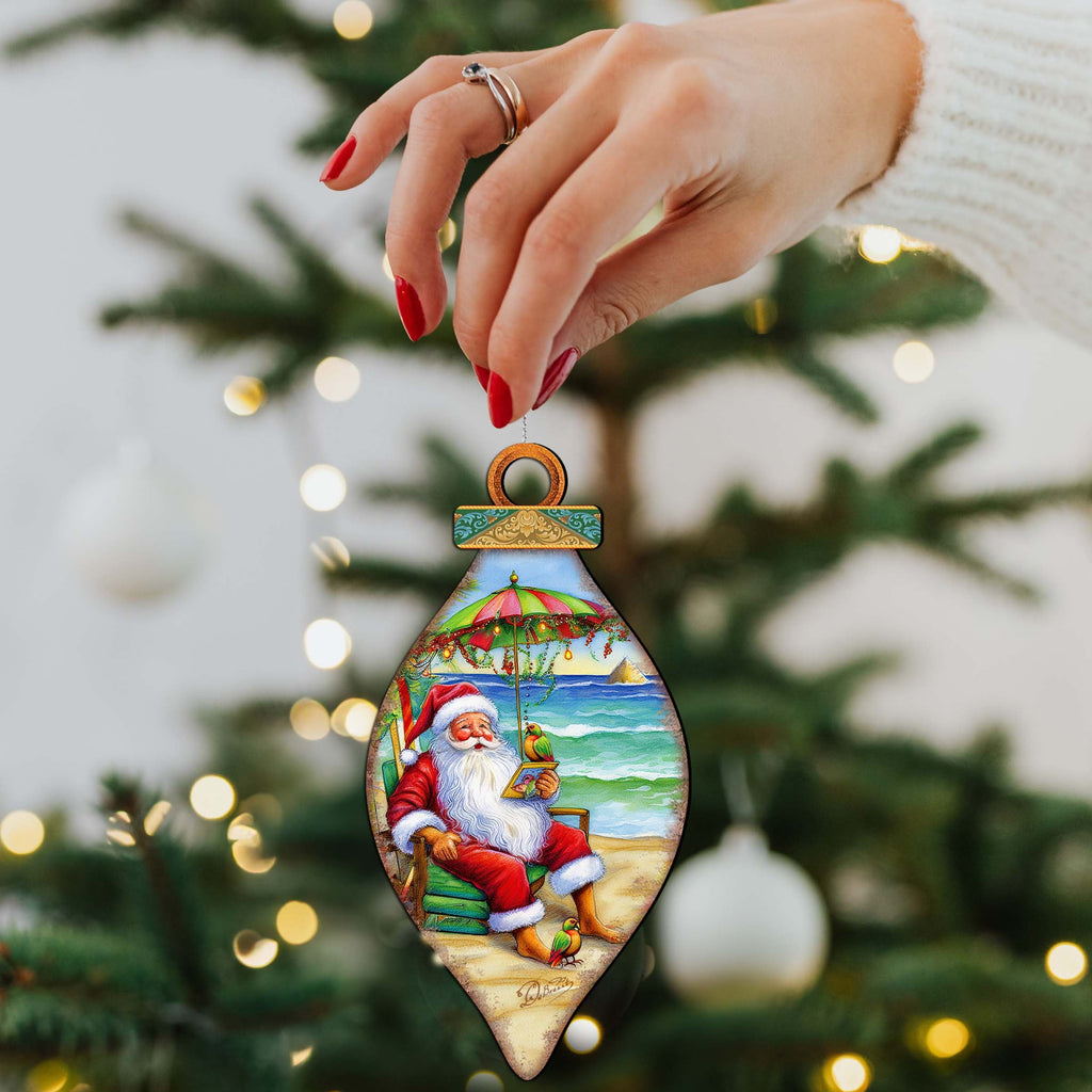 Beach Themed Ornaments - Santa on the Beach Wooden Ornaments by G.Debrekht Coastal Holiday Decor - 8688308