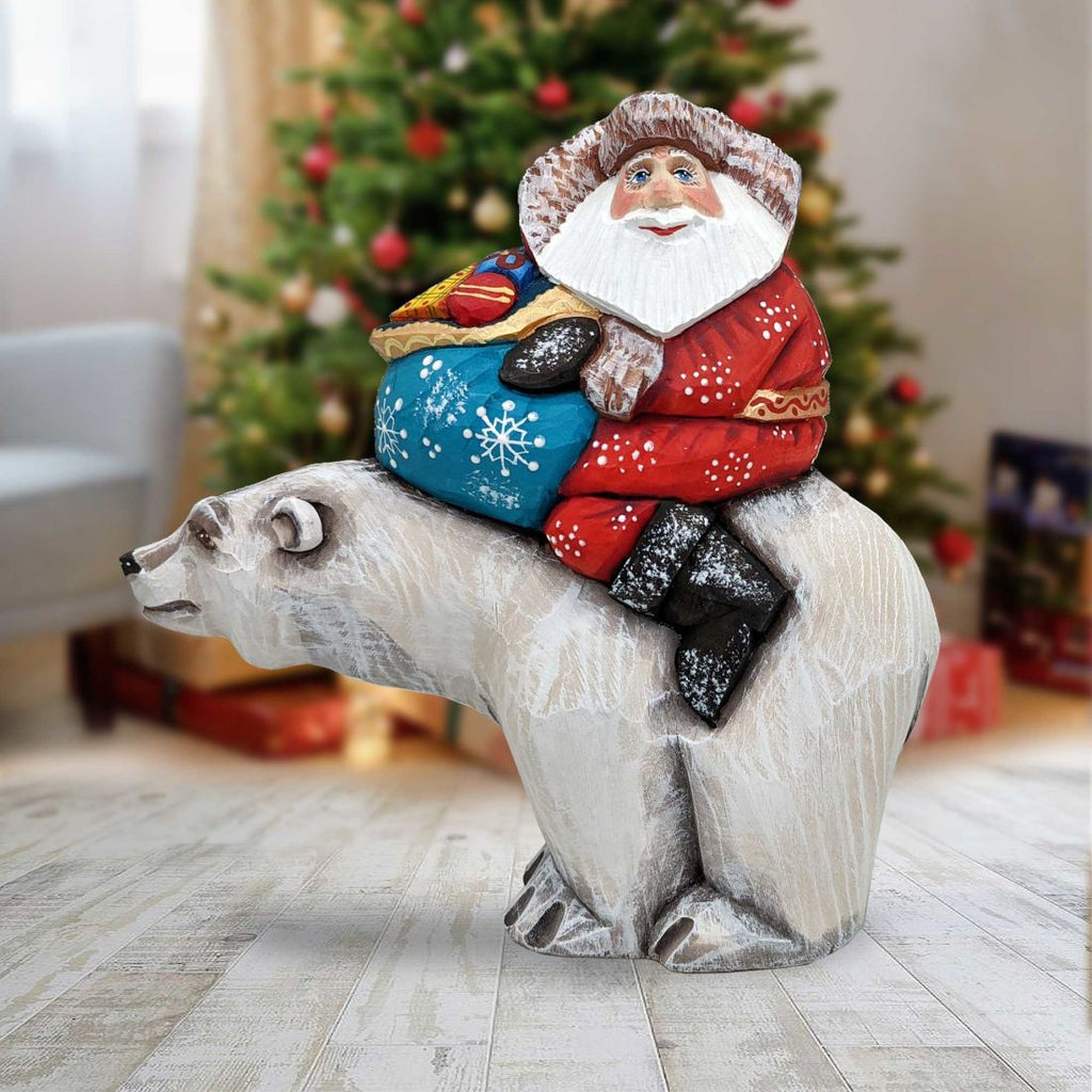 Gifty Traveler Polar Bear Santa Hand-Painted WOODCARVED Figurine by G. DeBrekht - Wildlife Holiday Decor - 820013