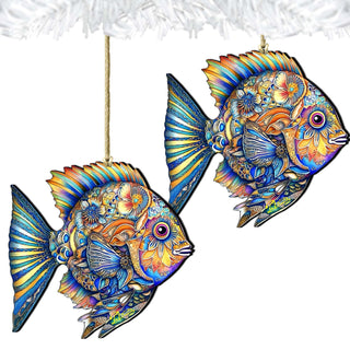 Beach Themed Ornaments - Cerulean Serenity Fish Wooden Ornaments by G.Debrekht Coastal Holiday Decor - 8688304