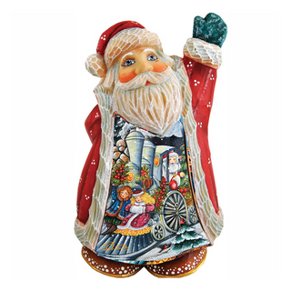 A colorful and detailed figurine of Santa Claus, with intricate patterns and designs on his clothing and surroundings.