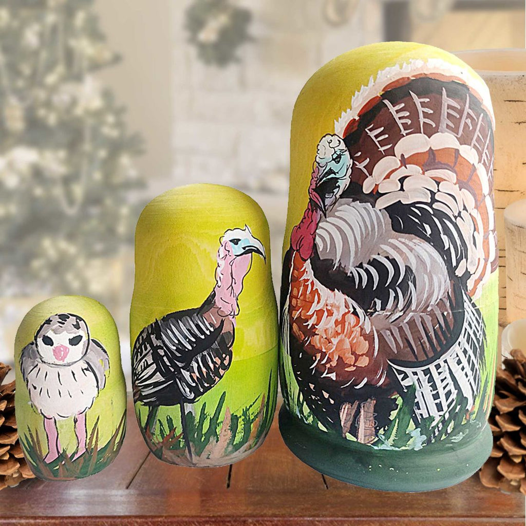Turkey Matreshka Nesting Hand-Painted Doll Set of 3 by G. DeBrekht - Thanksgiving Halloween Decor - 14774