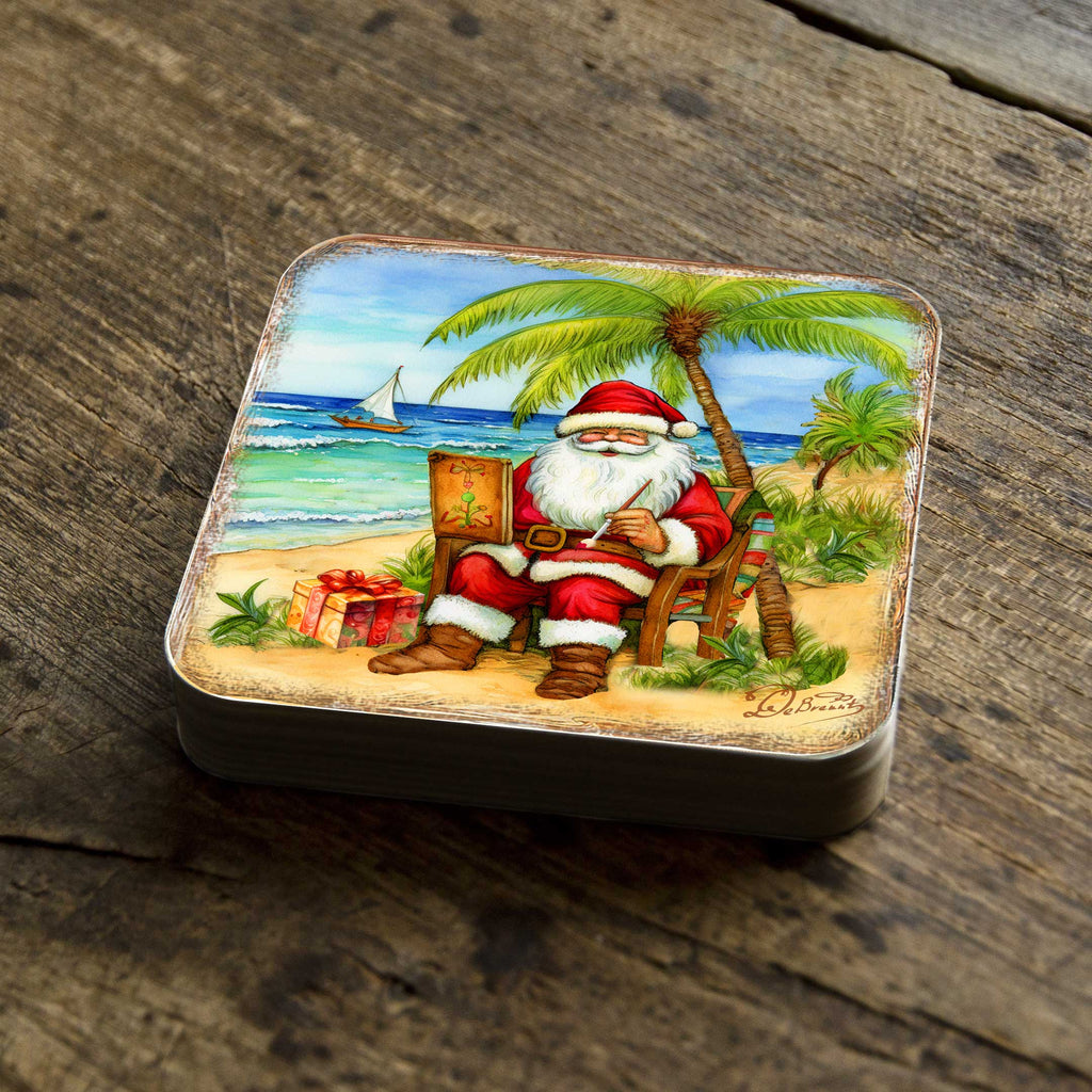 Santa on the Beach Wooden Cork Coasters Gift Set of 4 by G. Debrekht - Santa Christmas Decor - 8199441C-S4