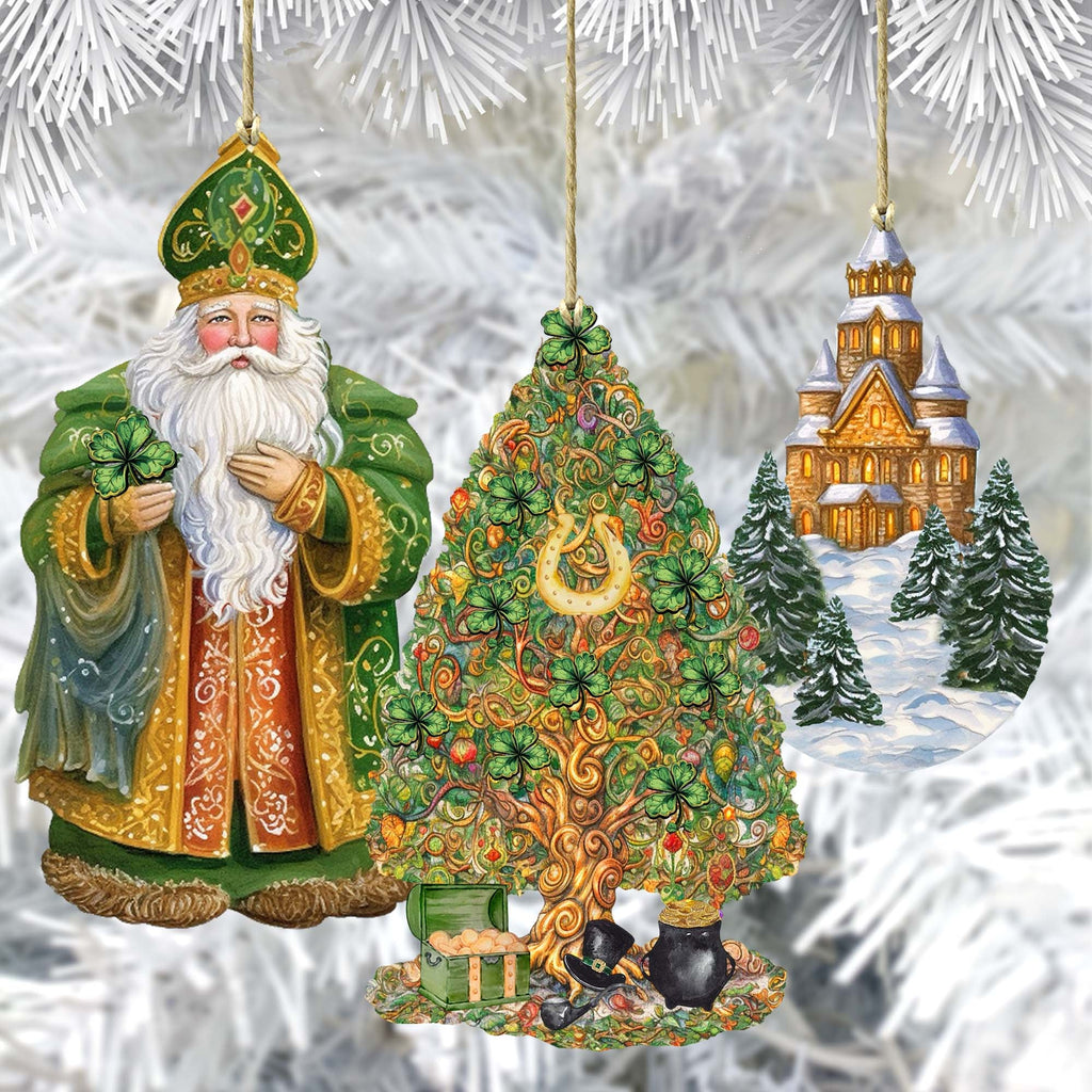 Santas Around the World - Irish Inspired Santa - Eco Wood Ornaments Set of 3 by G. DeBrekht Christmas Santa Snowman Decor - 8091306S3