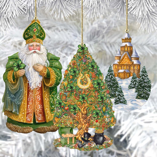Santas Around the World - Irish Inspired Santa - Eco Wood Ornaments Set of 3 by G. DeBrekht Christmas Santa Snowman Decor - 8091306S3