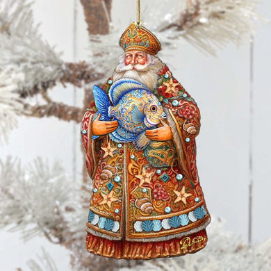 Santa with Fish Wooden Ornaments by G. Debrekht - Christmas Santa Snowman Decor - 8691411