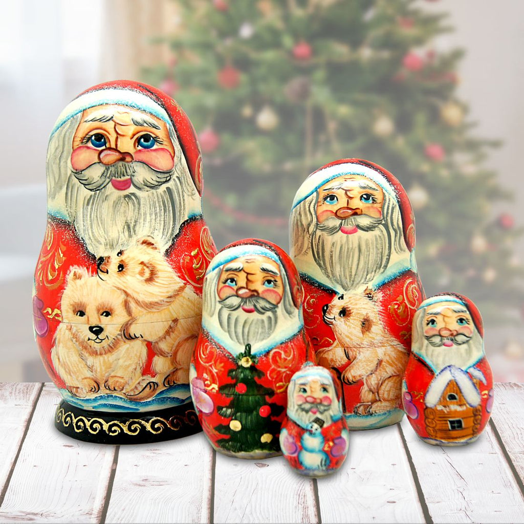 Santa Polar Bear Friend Matreshka Nesting Hand-Painted Doll Set of 5 by G. DeBrekht - Wildlife Holiday Decor - 110051