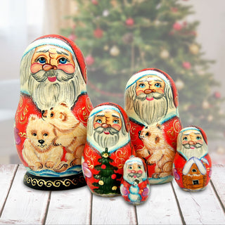 Santa Polar Bear Friend Matreshka Nesting Hand-Painted Doll Set of 5 by G. DeBrekht - Wildlife Holiday Decor - 110051