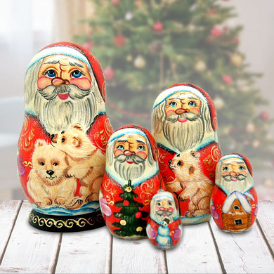 Santa Polar Bear Friend Matreshka Nesting Hand-Painted Doll Set of 5 by G. DeBrekht - Wildlife Holiday Decor - 110051