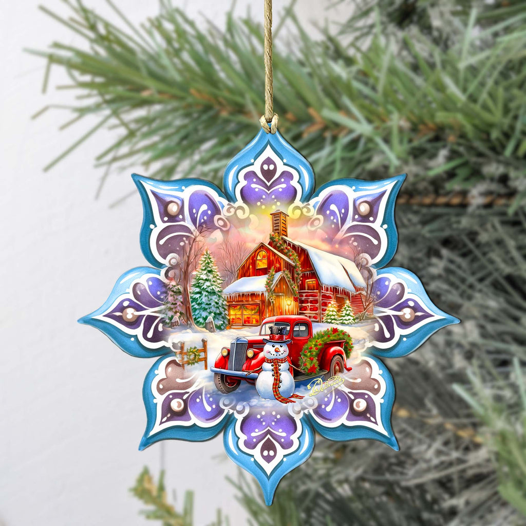 Christmas Red Barn Snowflake Large Wooden Ornament by G. Debrekht - Christmas Decor - 8688429M