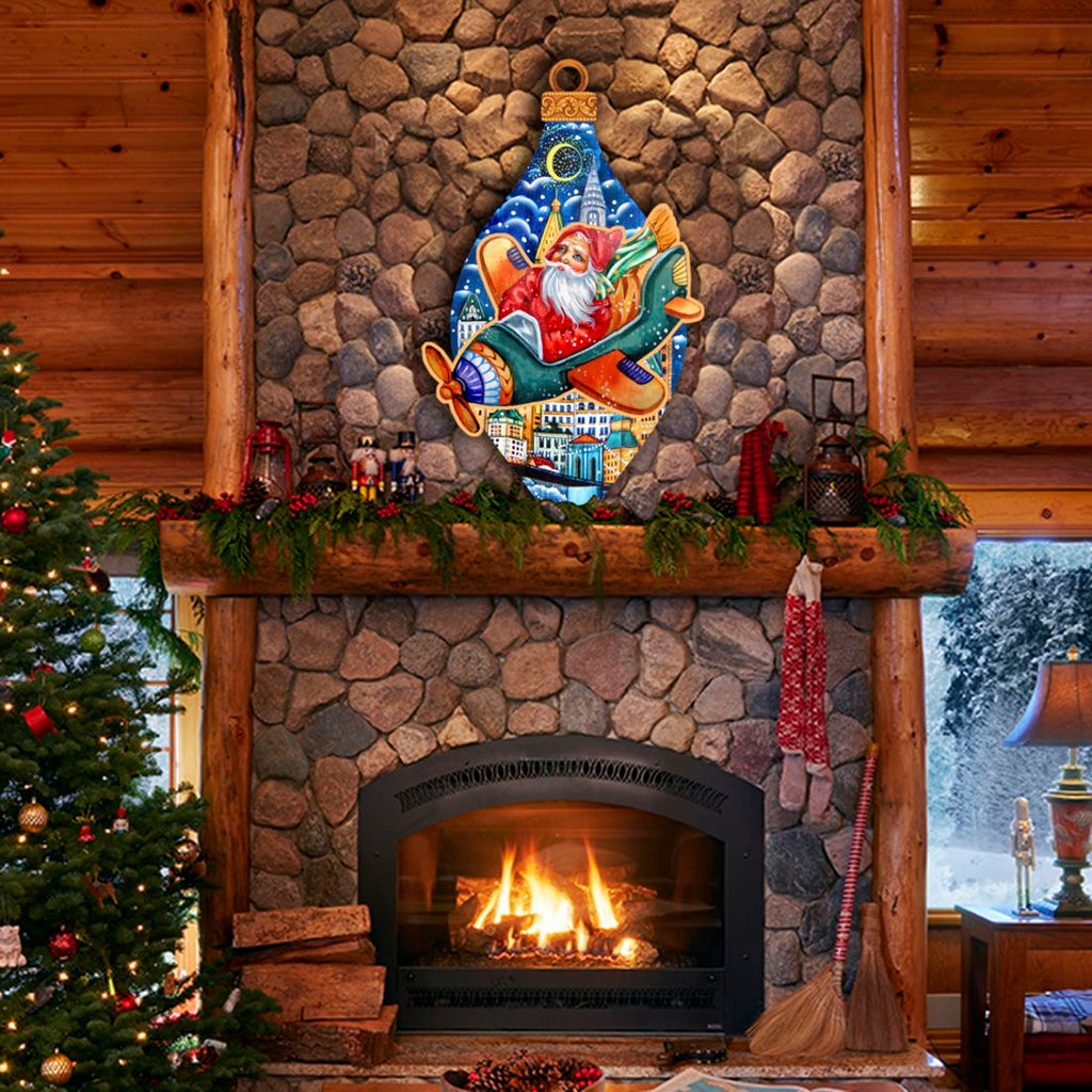 Santa On an Airplane Christmas Door Decor by G. DeBrekht - Christmas Santa Snowman Decor - 8112170H