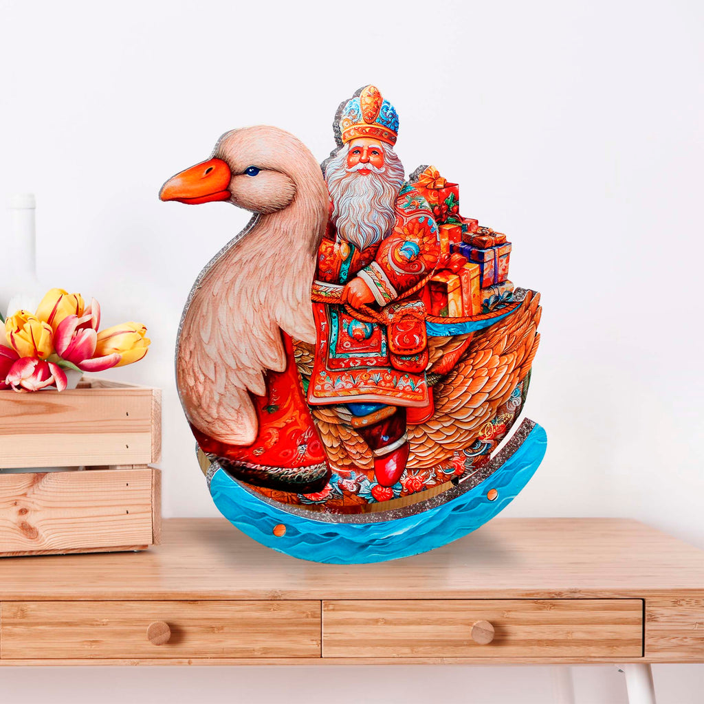 Charming Santa Riding Goose Limited Edition Wooden Figurine Centerpiece by G. Debrekht - Christmas Decor - 89314