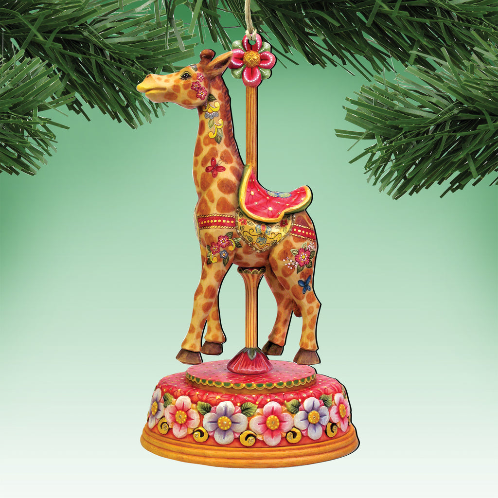 A decorative ornament featuring a giraffe on a carousel base, surrounded by greenery.
