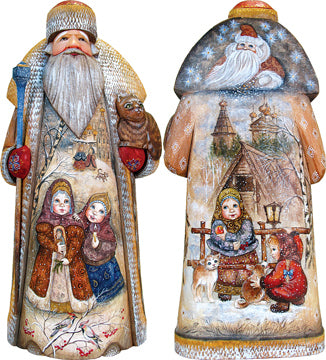 two wooden figurines, each depicting a different scene. The figurines are adorned with intricate designs and vibrant colors, showcasing the artistic craftsmanship involved in their creation.