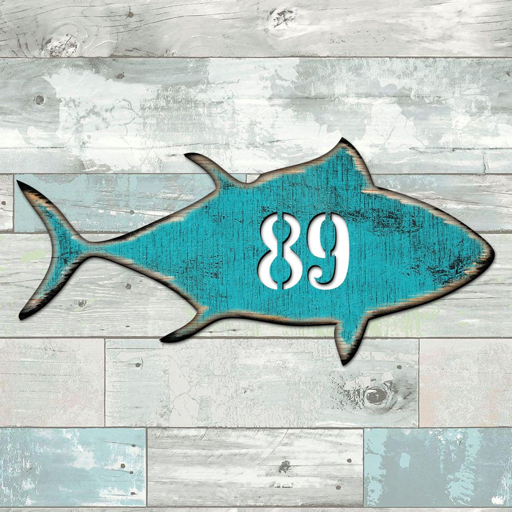 Tuna Fish Coastal Personalized House Number Sign by G. Debrekht - Coastal Sea-Life Decor - Handcrafted Wooden Handcrafted Wooden Handcrafted Wooden Address Sign - MA98548