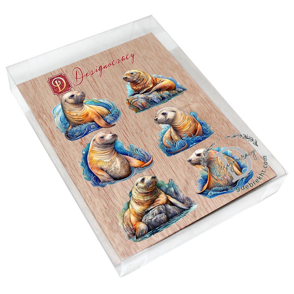 Coastal Sea Lions Clip-On Eco Wood Decorative Ornaments Set of 6 by G. Debrekht - Wildlife Decor - 8090127C-S6