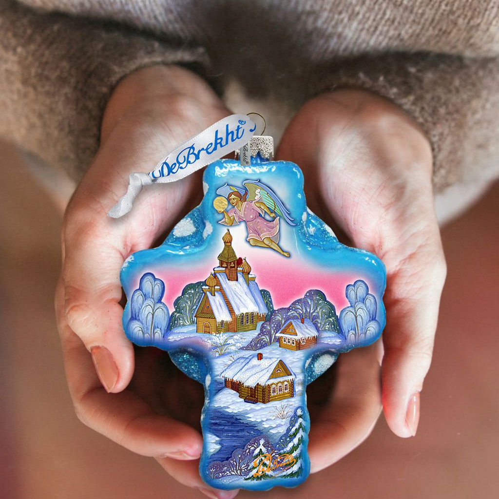 Angel Village Cross Glass Ornament by G. DeBrekht - Nativity Holiday Decor - 758-002