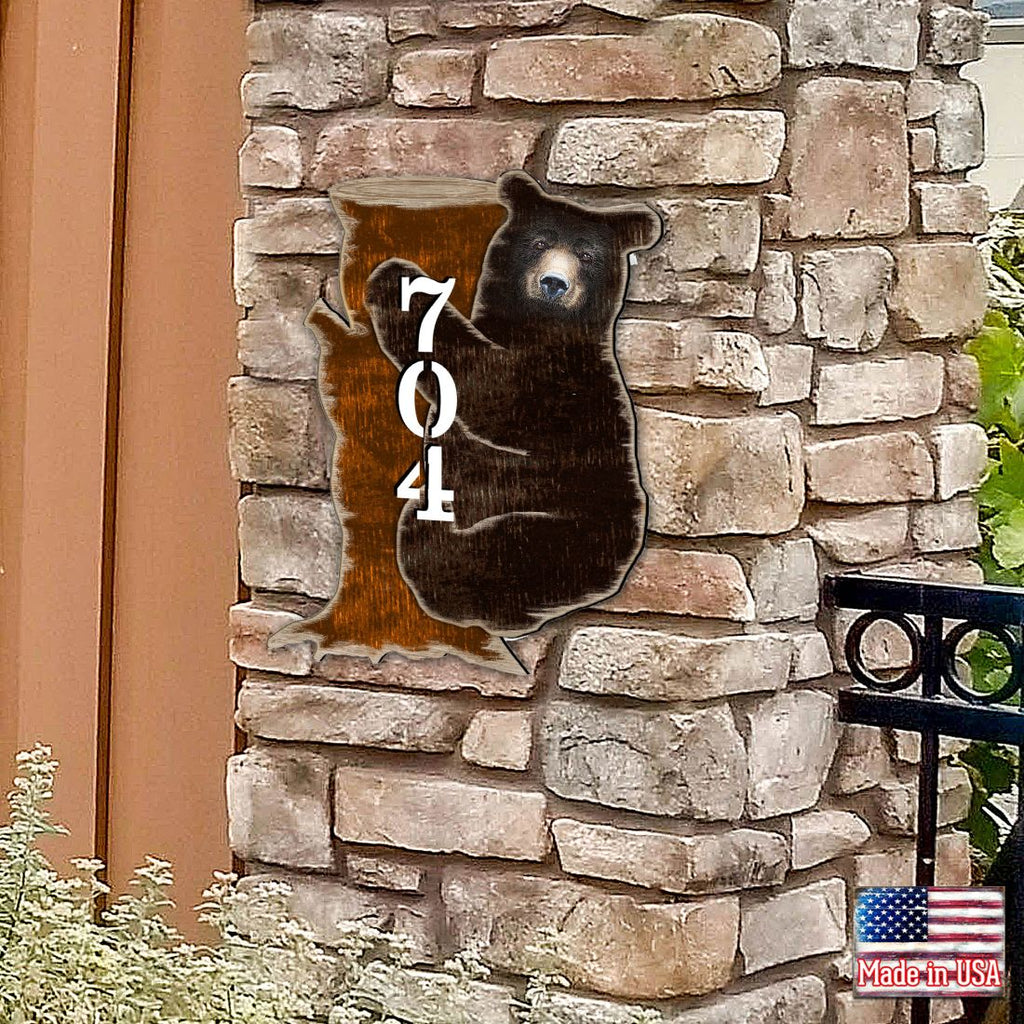 Bear on the Stoop Log Cabin Personalized House Number Sign by G. Debrekht - Nature Wildlife Decor - Handcrafted Wooden Address Sign - MA81982153