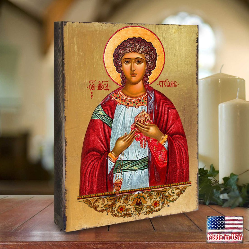 Saint Stephen Wooden Gold Plated Religious Christian Sacred Icon - Inspirational Icon Decor - 85056