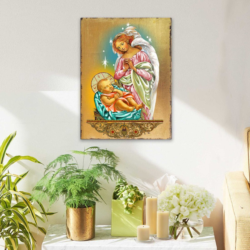 Blessing Angel with Child Wooden Gold Plated Religious Christian Sacred Icon - Inspirational Icon Decor - 85028