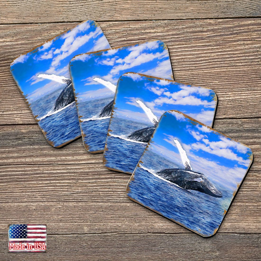 Whale Coastal Wooden Cork Coasters Gift Set of 4 by Nature Wonders - Coastal Sea-Life Decor - 95257C-S4