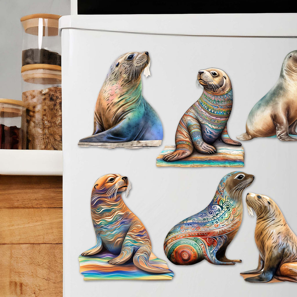 Coastal Sea Lions Decorative Eco Wood Magnets Set of 6 by G. Debrekht - Wildlife Decor - 8090112G-S6