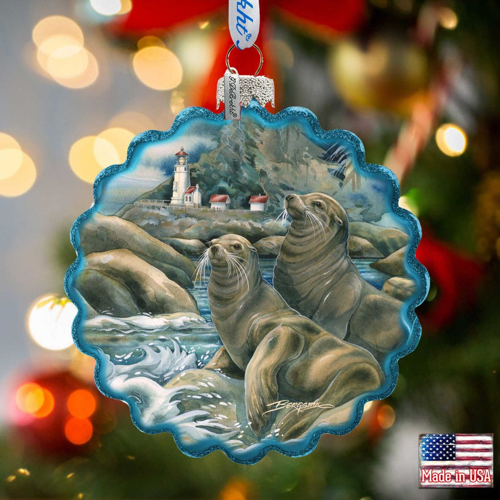 Lions of the Sea Lighthouse Caves Wreath Glass Ornament by J. Bergsma - Wildlife Holiday Decor - 759-883-JB