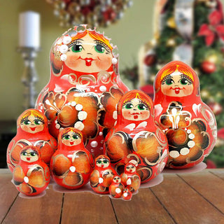Flower in Red Matreshka Nesting Hand-Painted Doll Set of 10 by G. DeBrekht - Christmas Decor - 141151R