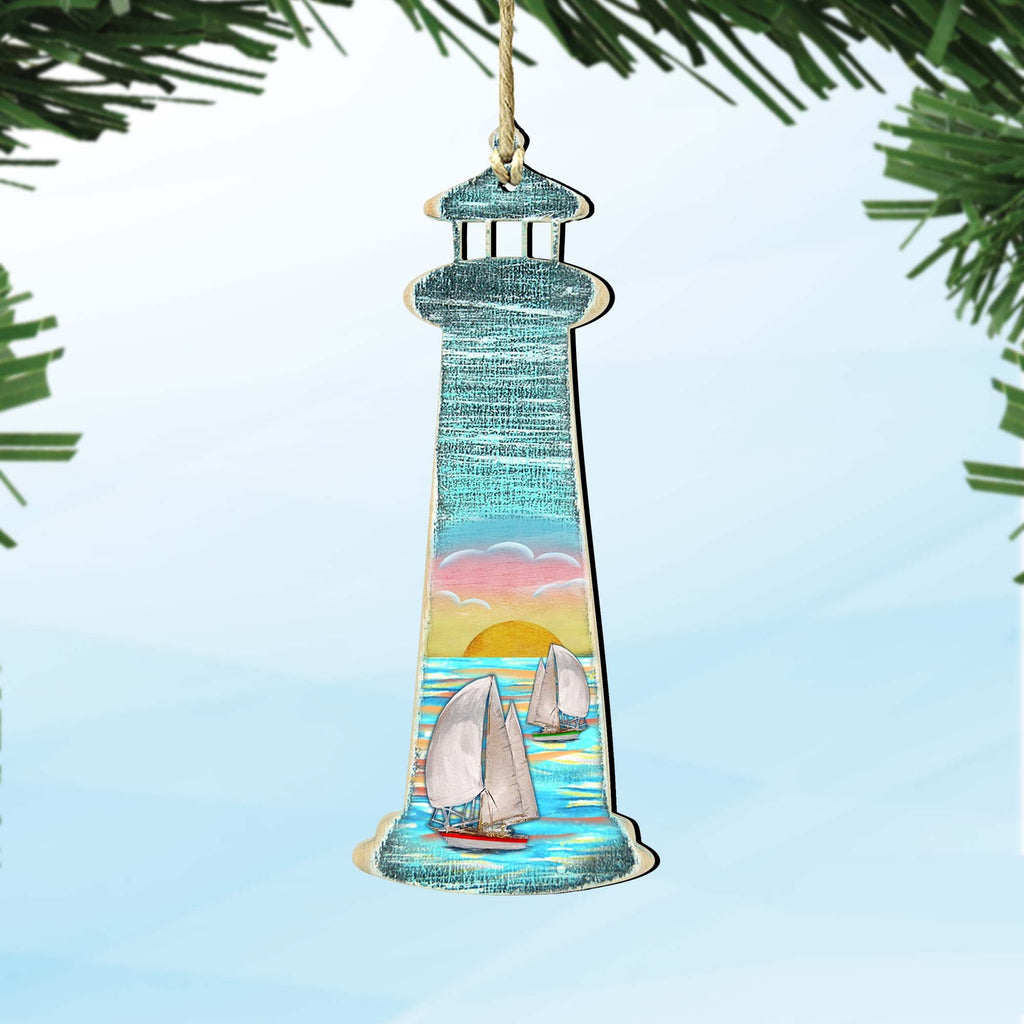 Lighthouse Palm Tree Wooden Ornaments by G. DeBrekht - Coastal Holiday Decor - 8198526
