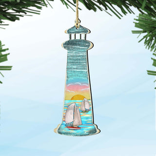 Lighthouse Palm Tree Wooden Ornaments by G. DeBrekht - Coastal Holiday Decor - 8198526