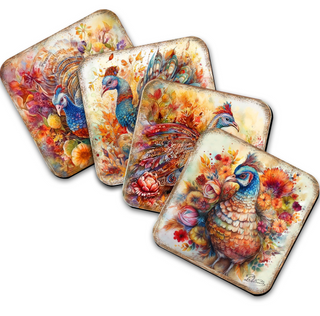 four square coasters with vibrant, colorful paintings of peacocks.
