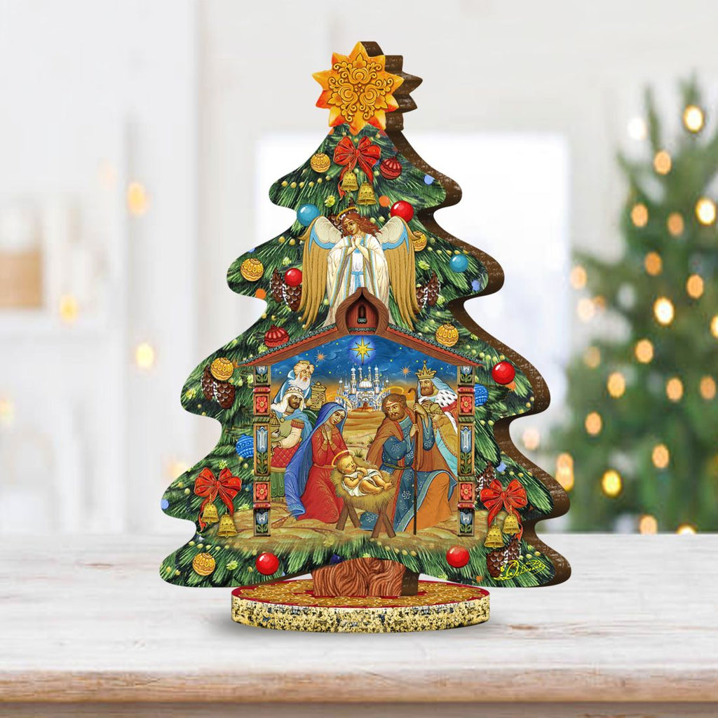 Story of Nativity Decorated Centerpiece Wooden Tree Figurine by G. DeBrekht - Christmas Decor - 89304
