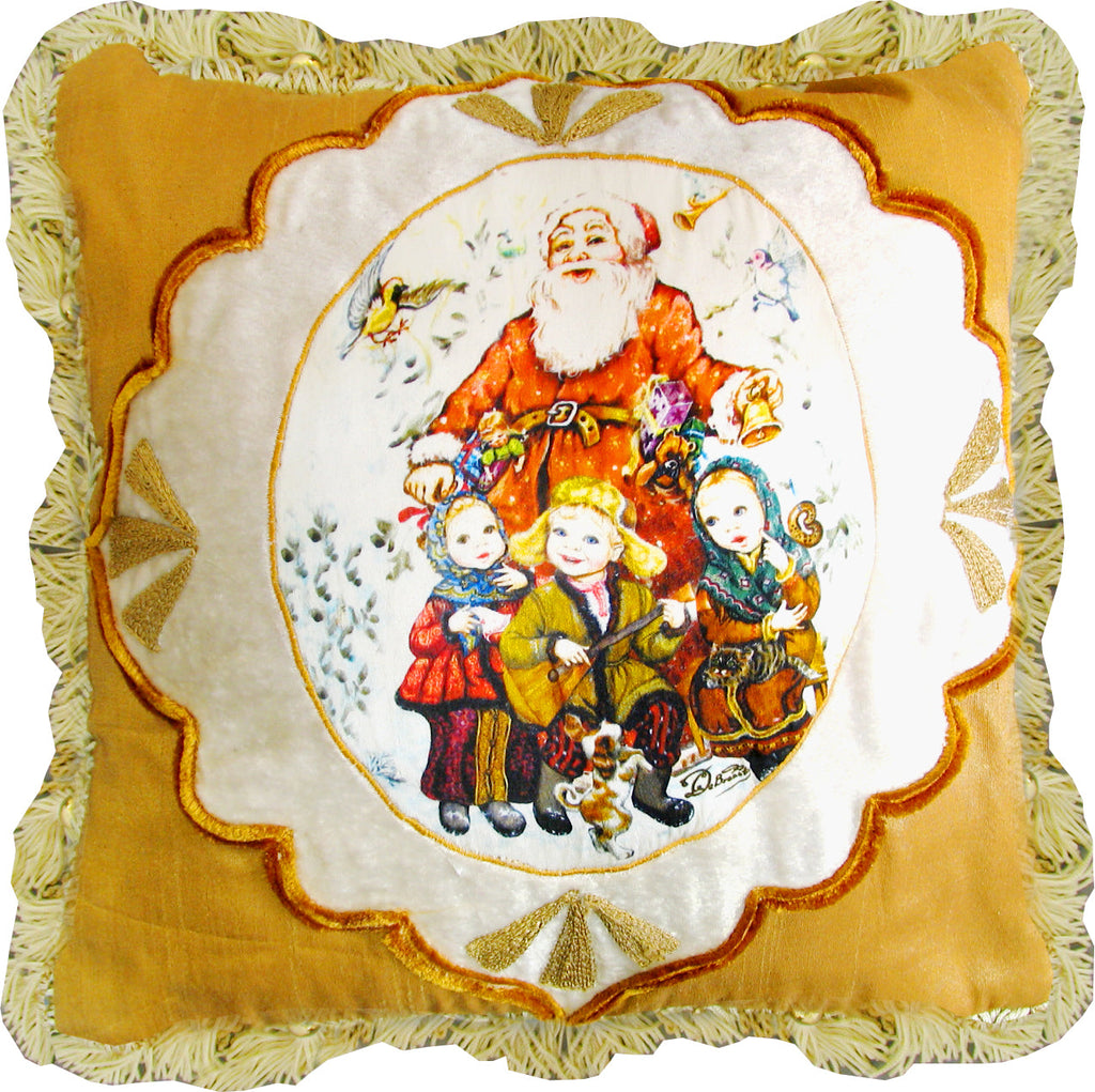 Christmas Story Santa Pillow with Insert - Handmade Tapestry from Velvet and Silk Hand-Embroidered with Gold 12x12 Inches by G. Debrekht - Unique Handcrafted Home Decor