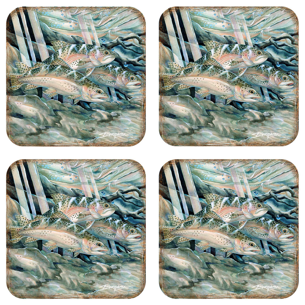 Catch the Rainbow Trout Wooden Cork Coasters Gift Set of 4 by J. Bergsma - Coastal Wildlife Decor - 8199463C-S4