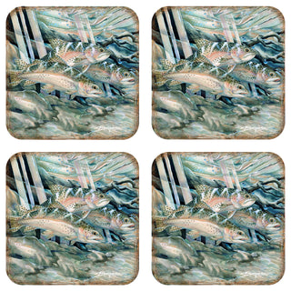Catch the Rainbow Trout Wooden Cork Coasters Gift Set of 4 by J. Bergsma - Coastal Wildlife Decor - 8199463C-S4