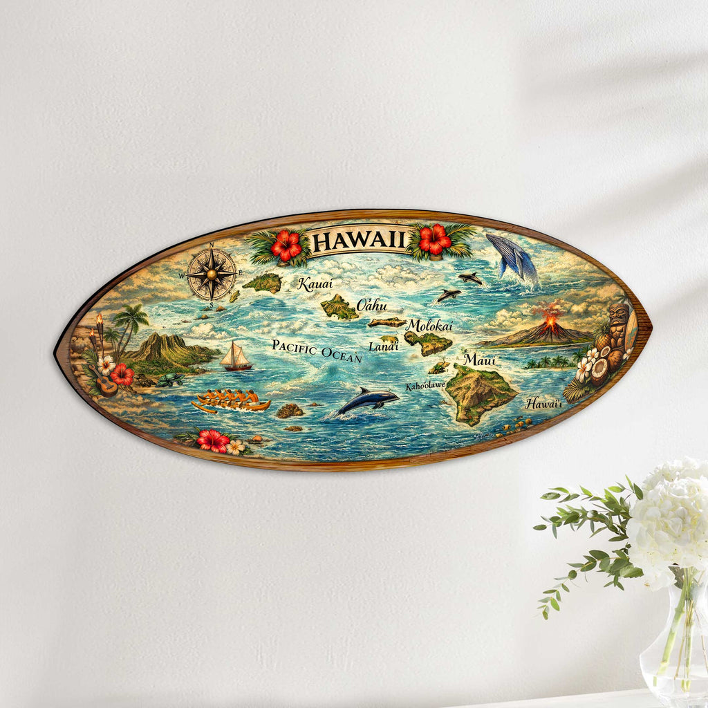 A decorative surfboard-shaped map of Hawaii, featuring various landmarks and islands, is displayed on a wall.