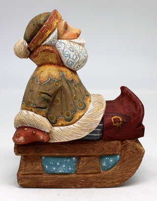 One-of-a-Kind Santa on Sleigh WOODCARVED Handpainted Figurine 4.5