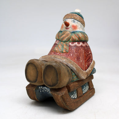 One-of-a-Kind Snowman on Sleigh WOODCARVED Figurine 5.5x4x3