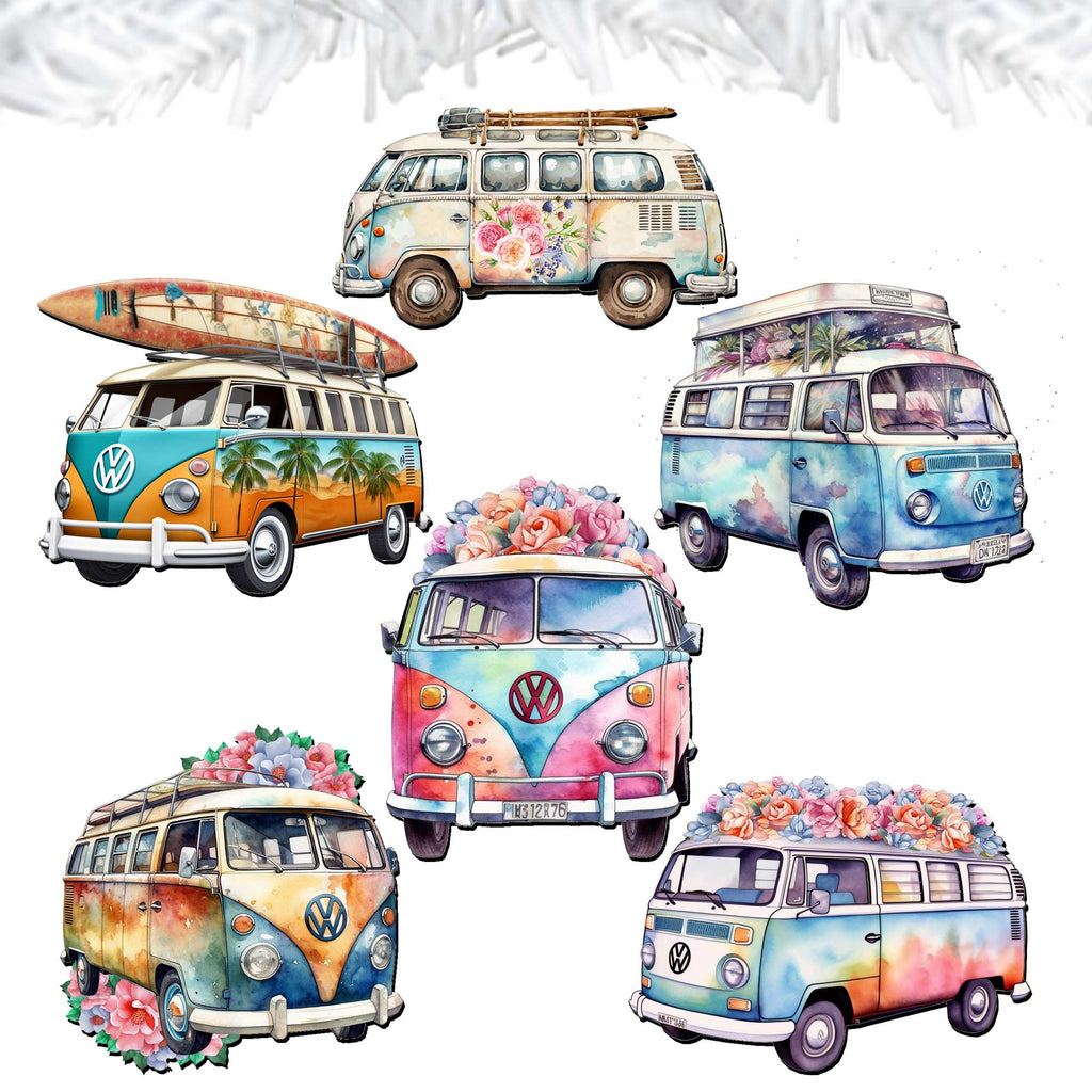 Surf Vans Clip-On Eco Wood Decorative Ornaments Set of 6 by G. Debrekht - Christmas Decor - 8090040C-S6
