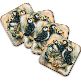 A set of four square coasters featuring illustrations of puffins, a type of seabird, along with various sea creatures such as starfish and seashells.