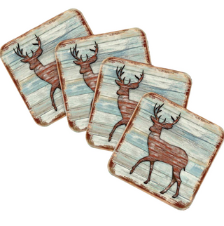 four square coasters with a rustic design featuring a deer silhouette against a wooden background.