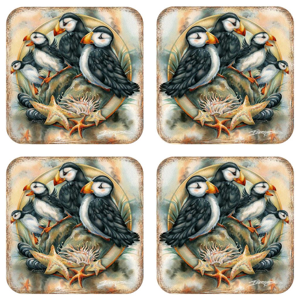 Puffins Wooden Cork Coasters Gift Set of 4 by J. Bergsma - Coastal Wildlife Decor - 8199462C-S4