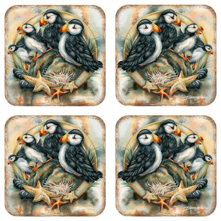 Puffins Wooden Cork Coasters Gift Set of 4 by J. Bergsma - Coastal Wildlife Decor - 8199462C-S4