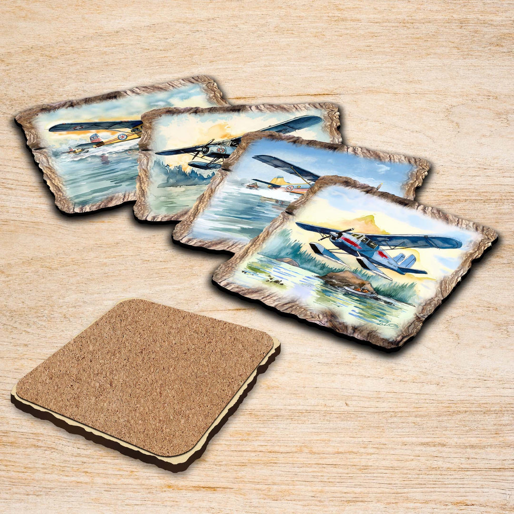 Airplanes Wooden Cork Coasters Gift Set of 4 by Nature Wonders Nature Wildlife Decor - 95403C-S4
