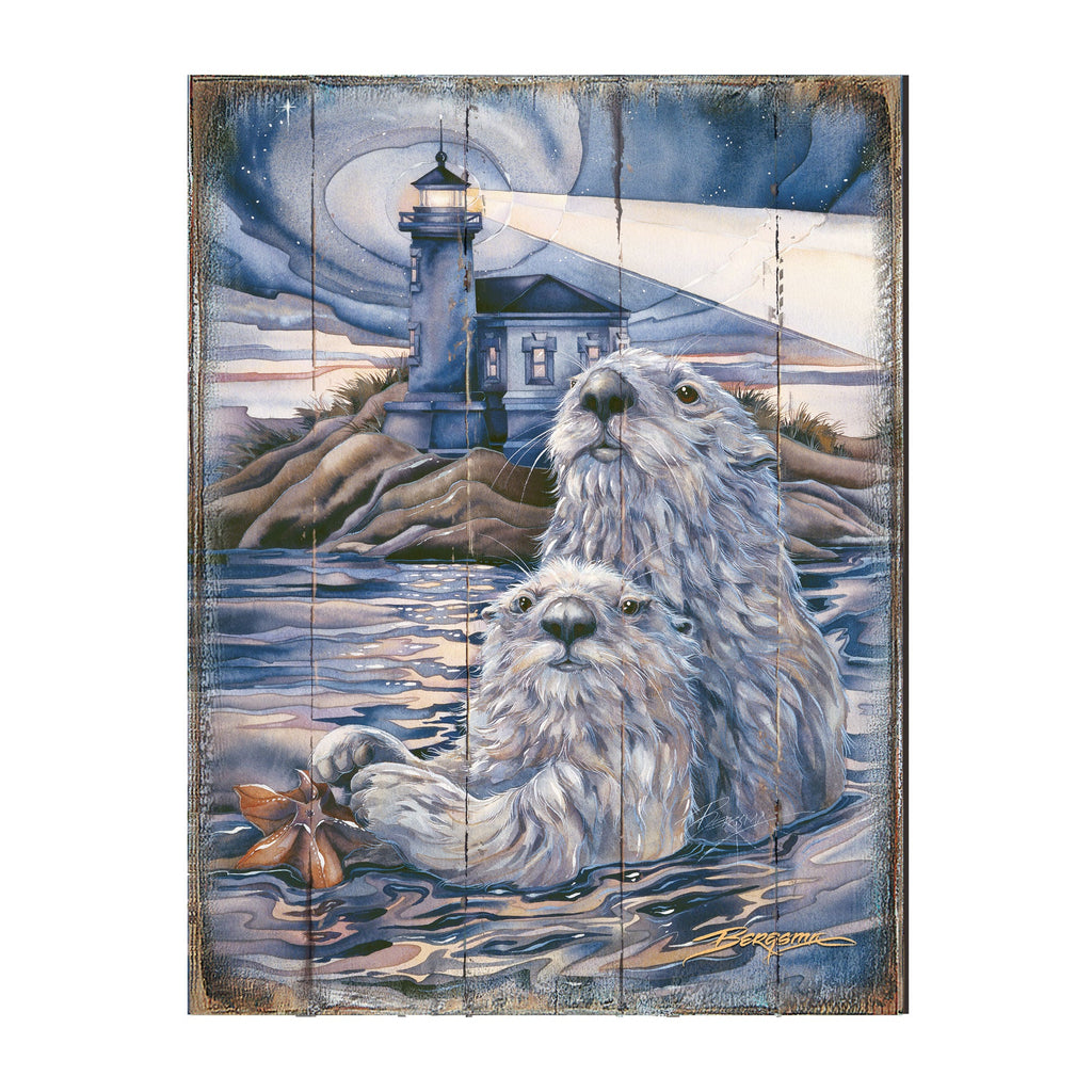 Starlight Otter Lighthouse Wooden Wall Art by J. Bergsma - Nature Wildlife Decor - 8592572BP-JB