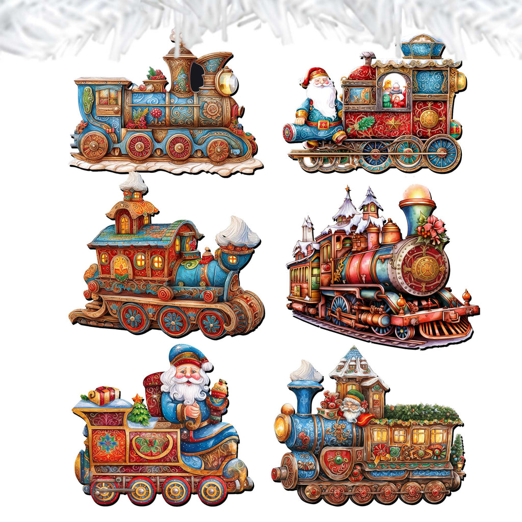 Santa Christmas Train Clip-On Eco Wood Decorative Ornaments Set of 6 by G. Debrekht - Christmas Decor - 8090123C-S6