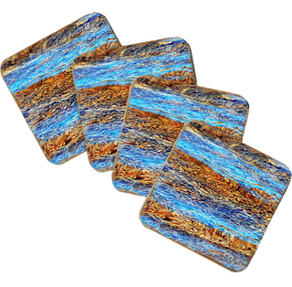 four square coasters with a colorful abstract design featuring blue, orange, and brown hues.