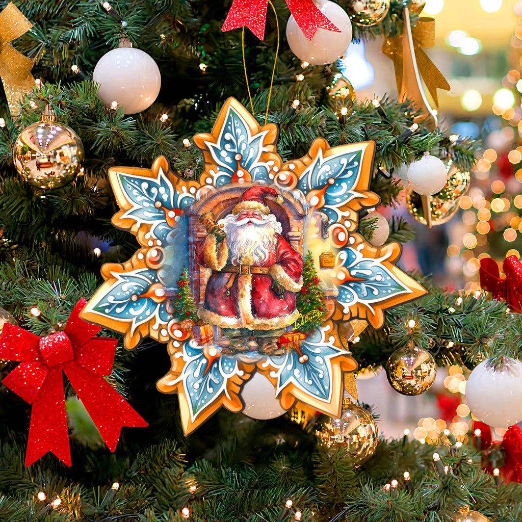 Santa with Bell Snowflake Large Wooden Ornament by G. Debrekht - Christmas Santa Snowman Decor - 8688419M