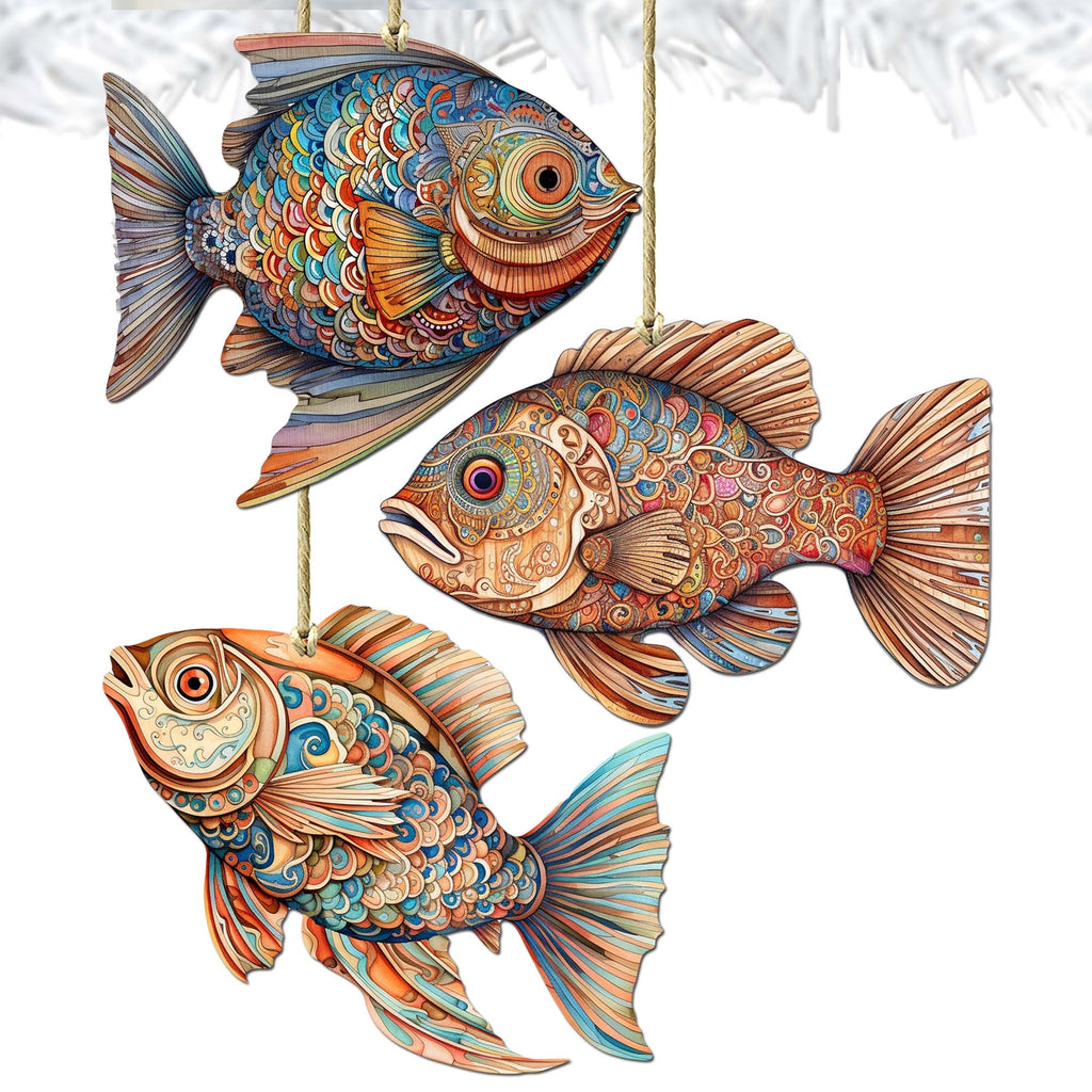 Coastal Fish Decorative Eco Wood Ornaments Set of 3 by G. Debrekht - Coastal Decor - 8091034-S3